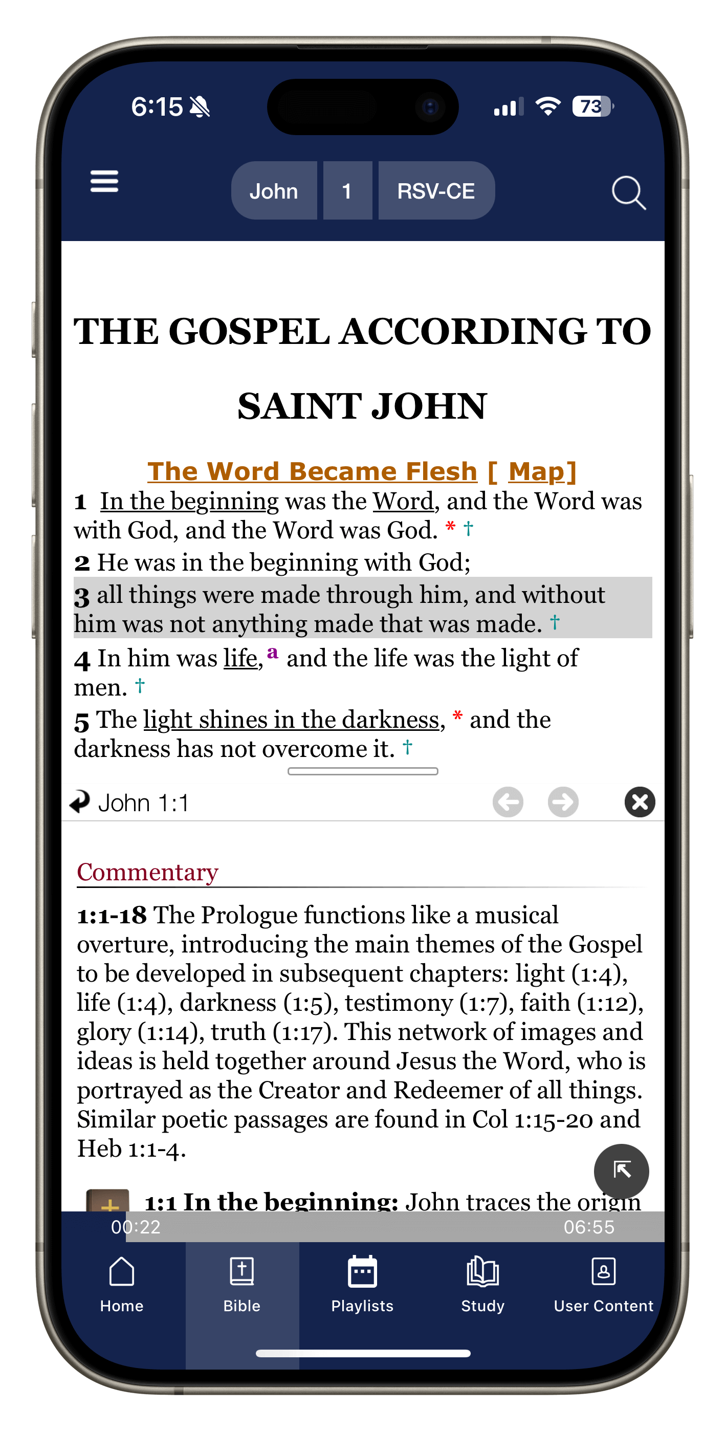 iPhone 15 Pro showing Catholic Study Bible app